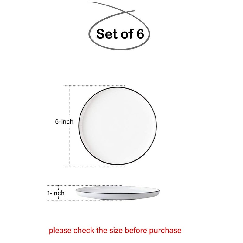 BonNoces 6-inch Small Porcelain Appetizer Plates, White with Black Edges Dinner Side Dishes Serving Plate, Dessert, Salad, Snacks Plate, Set of 6 - Image 2